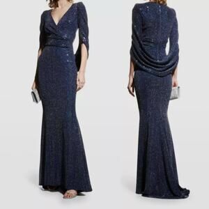 Talbot Runhof Rosin Metallic Navy Draped Gown V-Neck Cape Sleeve 6 36 Preowned
